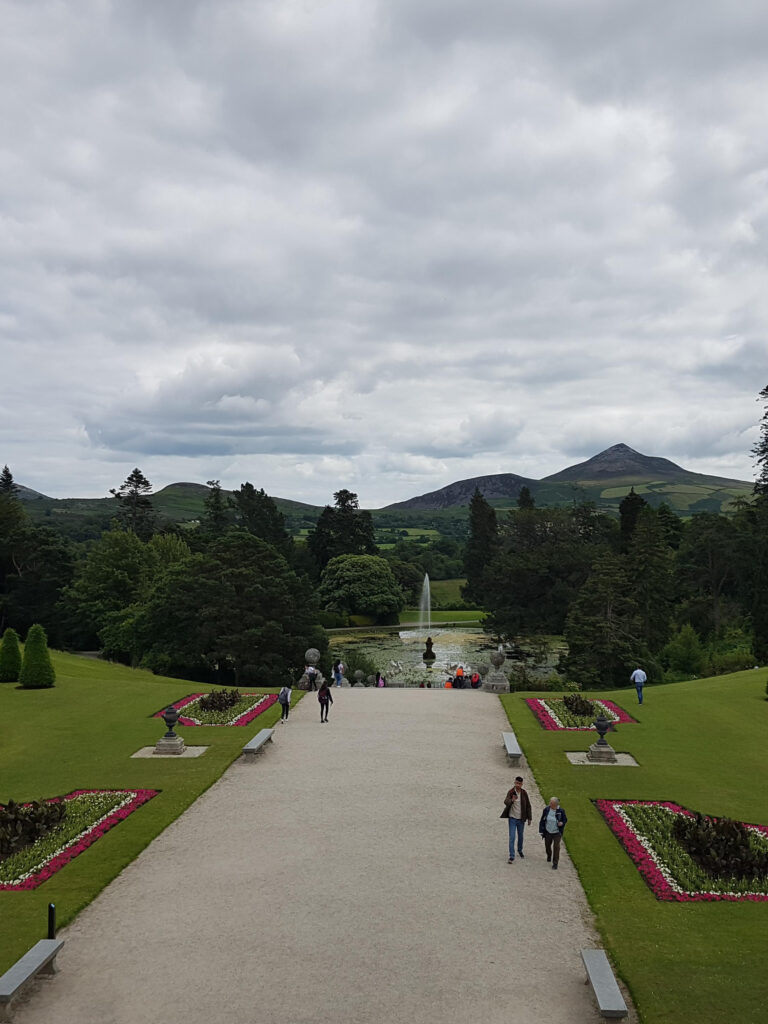 View from the front of Powerscourt Manor overlooking the gardens and Great Sugarloaf